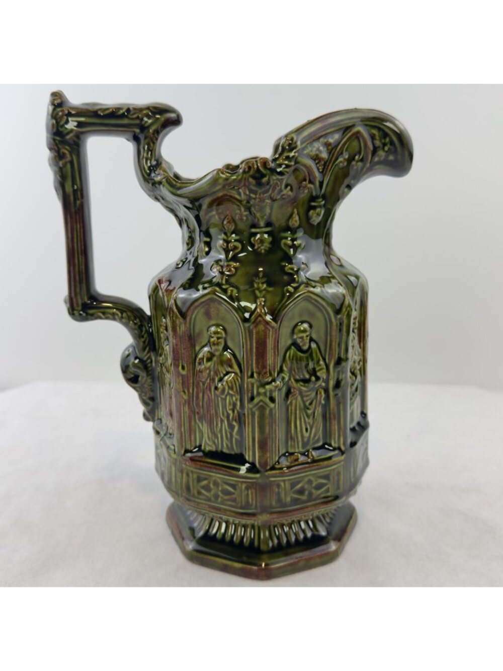 Vintage Gothic Apostle Relief Ceramic Pitcher 8" Green Glazed Religious Jug